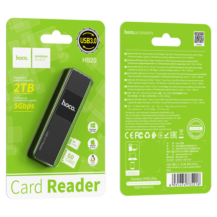 USB HUB Hoco HB20 Mindful 2-in-1card reader(USB3.0) black