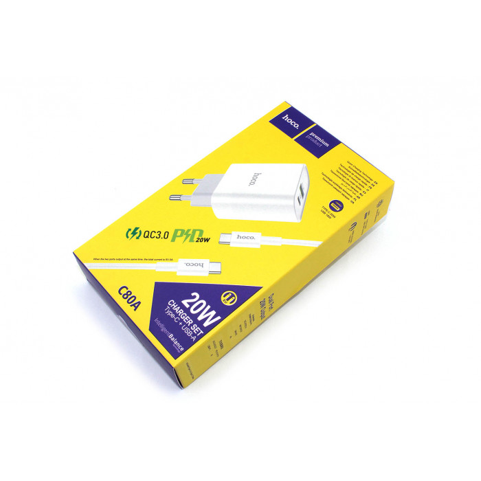 Блок питания (сетевой адаптер) HOCO C80A Rapido PD+QC3.0, 20W два порта (1*USB-A, 1*Type-C), белый