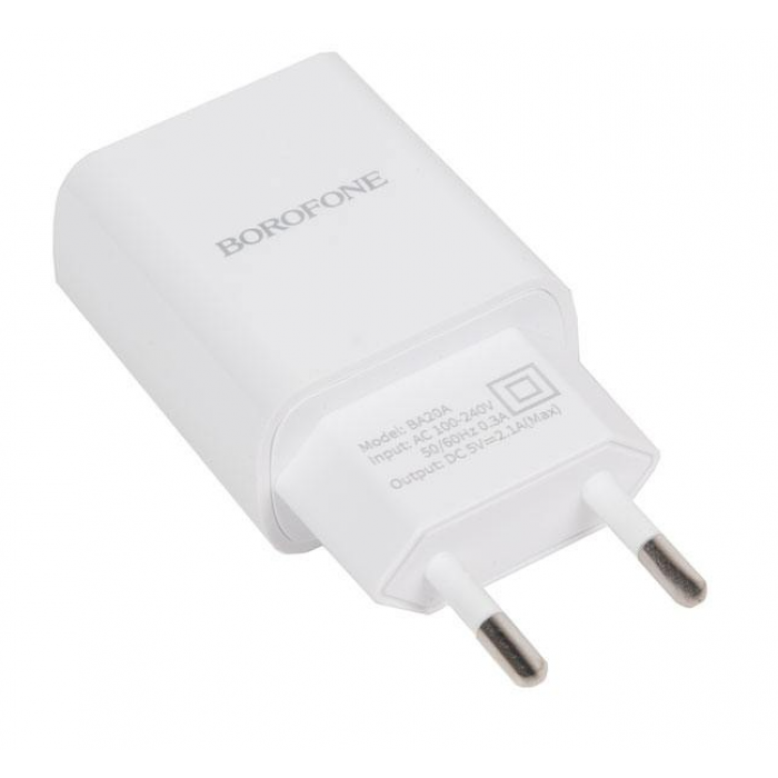 Блок питания (сетевой адаптер) BOROFONE BA20A Sharp один порт USB, 5V, 2.1A, белый