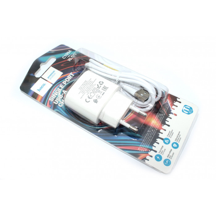 Блок питания (сетевой адаптер) HOCO C109A 1xUSB с кабелем Micro-USB, 2.1A, 10W, белый