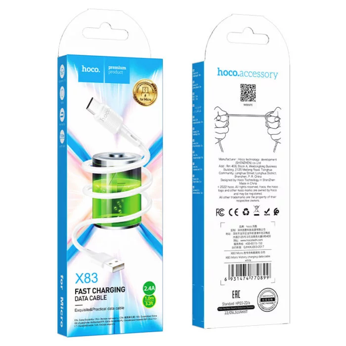 Кабель MicroUSB HOCO X83 Micro Victory charging data cable white