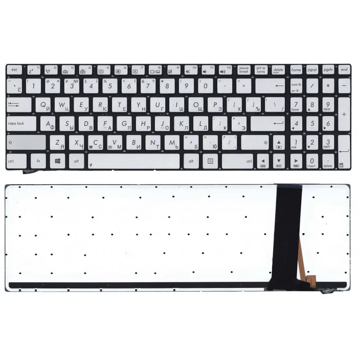 Клавиатура для Asus N550J, N750JK, серебристая 0KNB0-6625RU00, с подсветкой