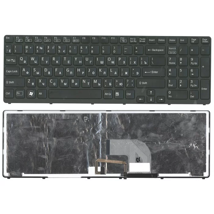 Клавиатура для Sony для Vaio SVE1711, SVE1711Z1R, SVE1711V1R, SVE1711S9R, SVE1711T1R, SVE1711Q1R, SVE1711G1R, SVE1711G1RB, SVE1711Q1RB, SVE1711S9RB, SVE1711T1RB, SVE1711V1RB, SVE1711Z1RB, черная с подсветкой с черной рамкой